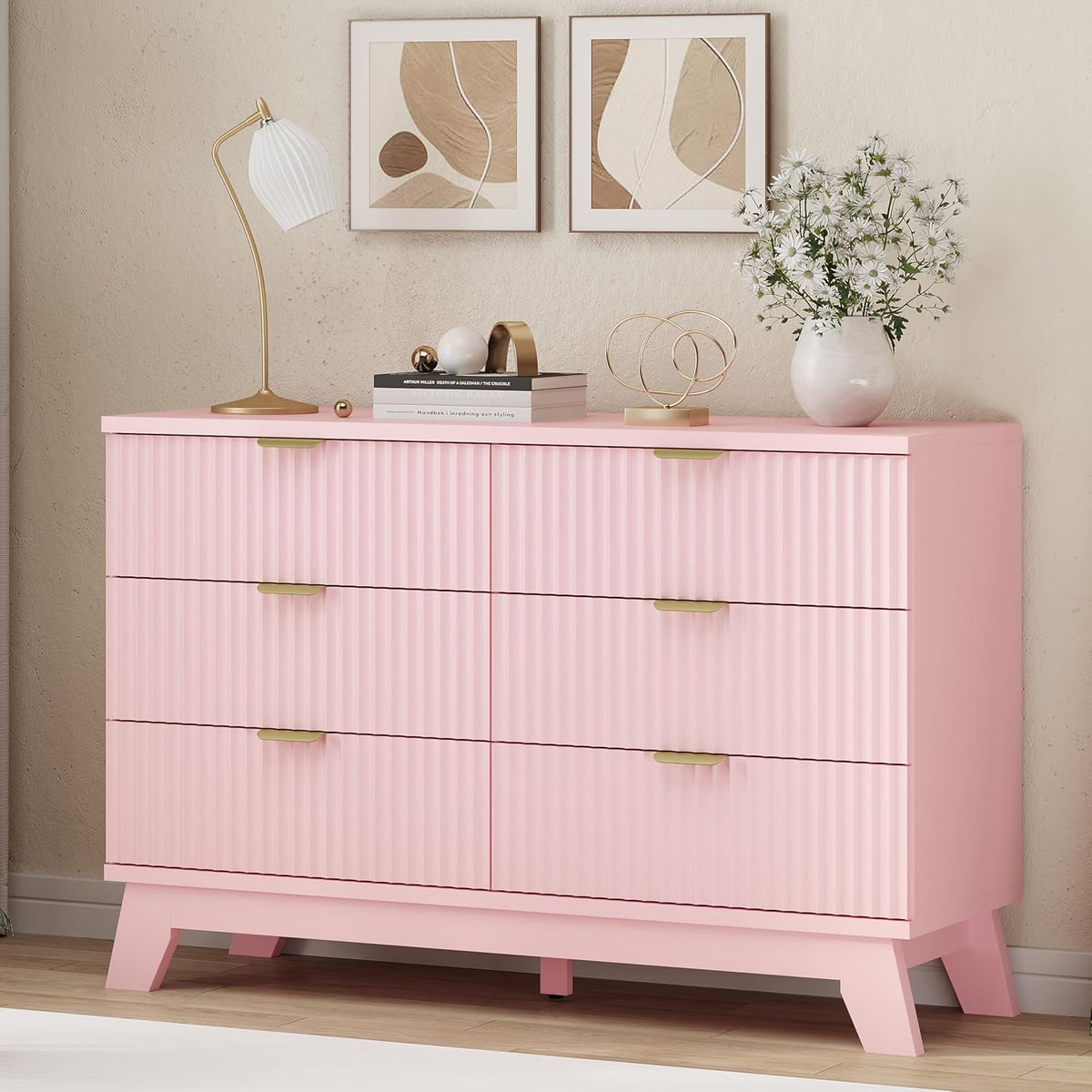 Fluted Dresser for Bedroom with 9 Drawers, 57" Wide Modern Chest of Drawers with Metal Handle, Wooden Dresser TV Stand, Wood Closet Clothes Storage Organizer for Living Room, Hallway, Natural Oak