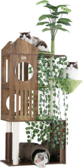 Large Cat Tree with Leaves, 72.8-Inch Cat Tower for Indoor Cats, Modern Cat Tree with Scratching Post, Large Perch, Tunnels, Swing Ball, Self Groomer, Greige