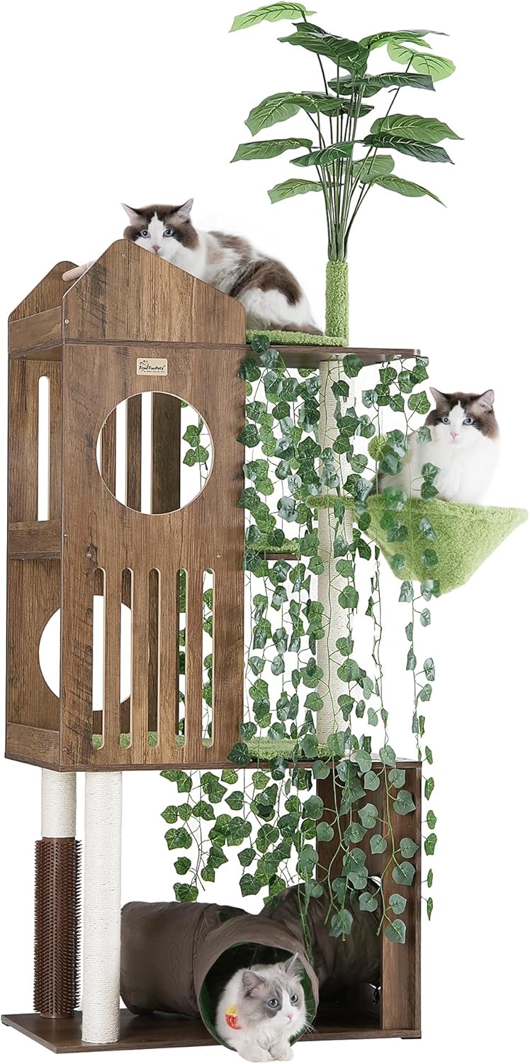 Large Cat Tree with Leaves, 72.8-Inch Cat Tower for Indoor Cats, Modern Cat Tree with Scratching Post, Large Perch, Tunnels, Swing Ball, Self Groomer, Greige