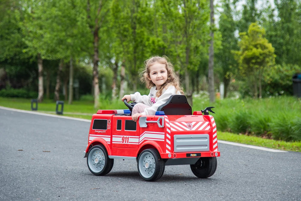2026 12V Kids Fire Truck Electric Ride On One Seater with Leather Seat and RC