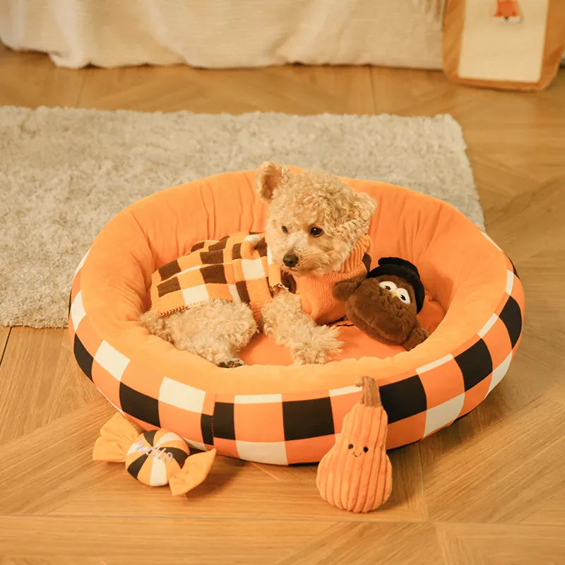 Pets Halloween Bed Soft Round Donut Pet Bed