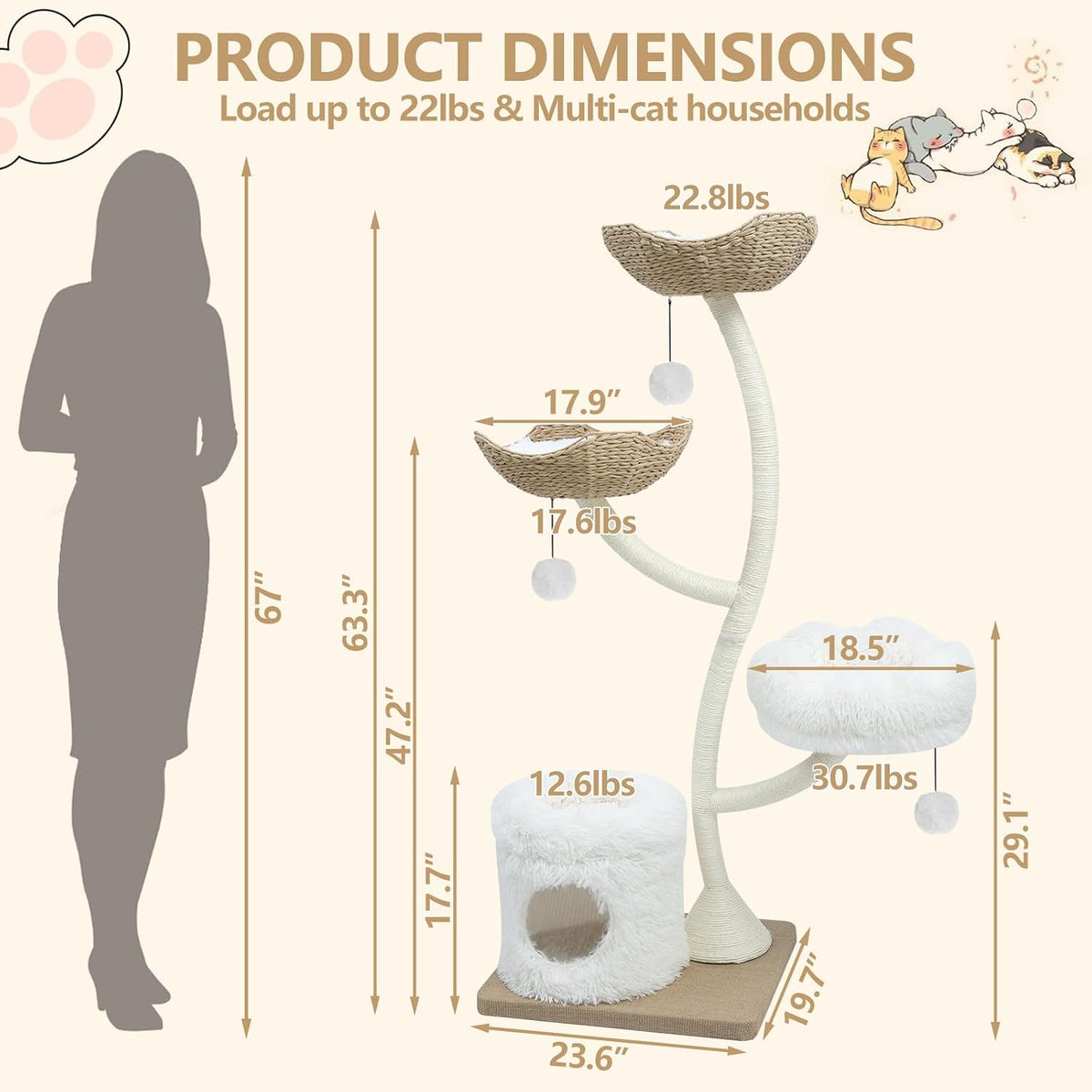 63" Tall Cat Tree Tower for Indoor Cats, Multi-Level Large Cat Climbing Furniture with Scratching Posts, Soft Perch, Cozy Cave, and Hanging Toys, Sturdy Design for Multi-Cat Households