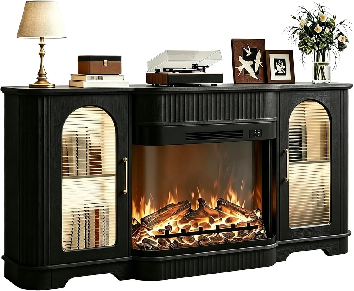 70" Fluted TV Stand with 30" Curved Electric Fireplace,White