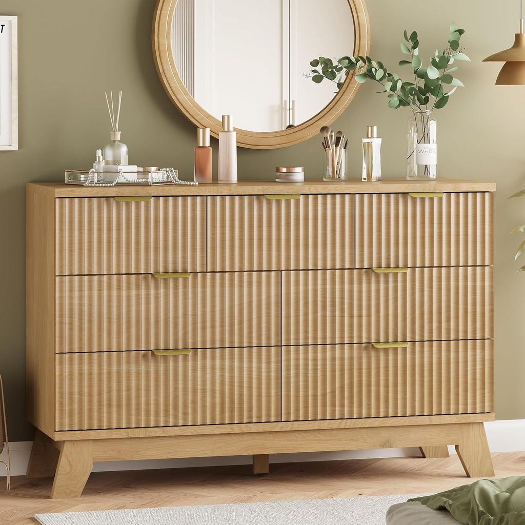 Fluted Dresser for Bedroom with 9 Drawers, 57" Wide Modern Chest of Drawers with Metal Handle, Wooden Dresser TV Stand, Wood Closet Clothes Storage Organizer for Living Room, Hallway, Natural Oak