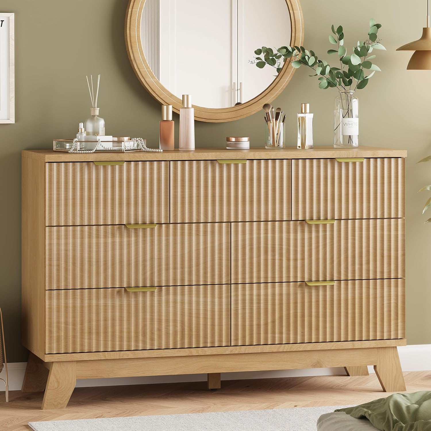 Fluted Dresser for Bedroom with 9 Drawers, 57" Wide Modern Chest of Drawers with Metal Handle, Wooden Dresser TV Stand, Wood Closet Clothes Storage Organizer for Living Room, Hallway, Natural Oak