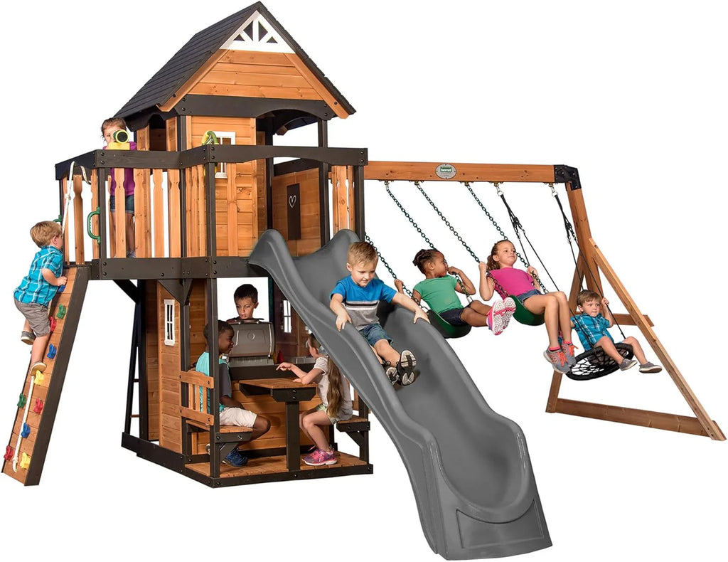 Cedar Wood Backyard Swing Set with Wave Slide, Clubhouse, Play Kitchen, Picnic Area, Rock Wall and Swings