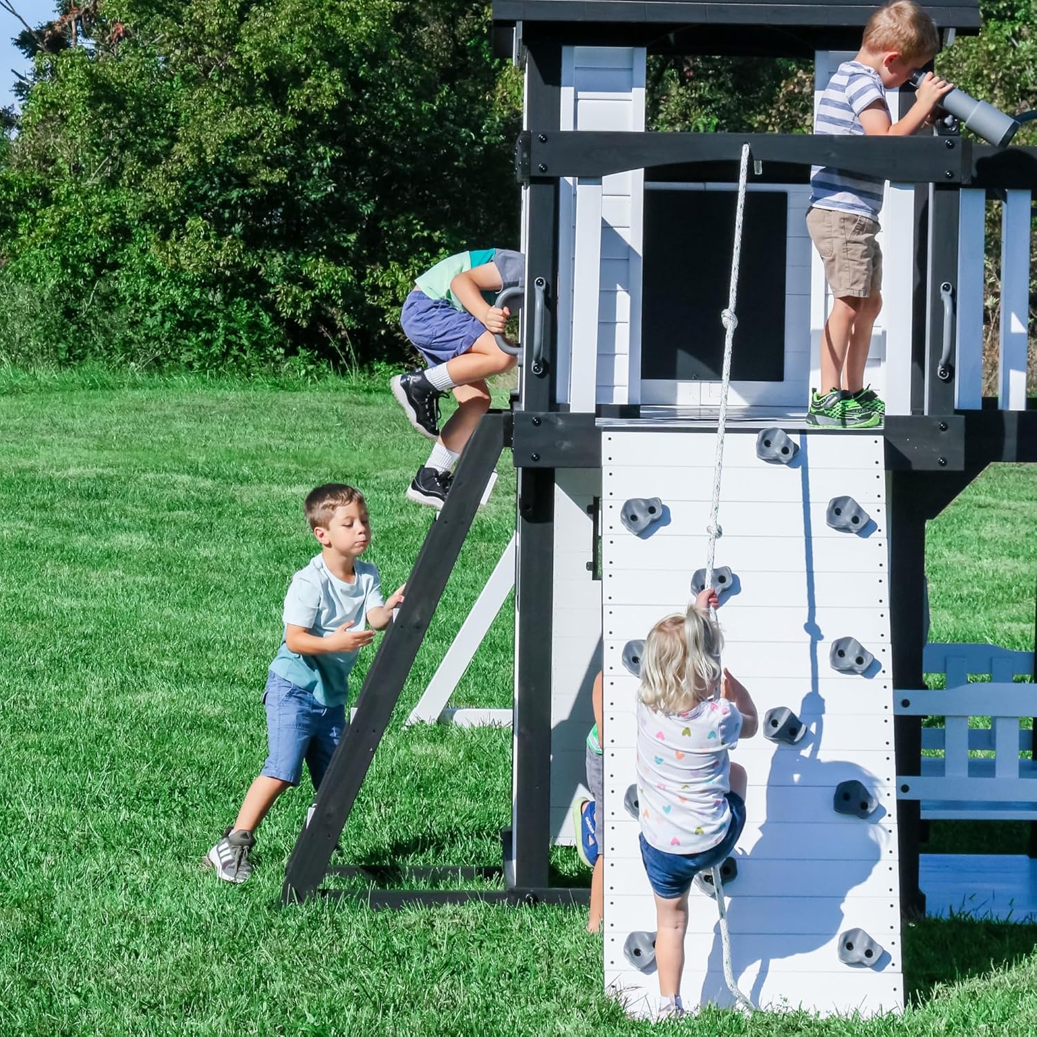 Cedar Wood Backyard Swing Set with Wave Slide, Clubhouse, Play Kitchen, Picnic Area, Rock Wall and Swings