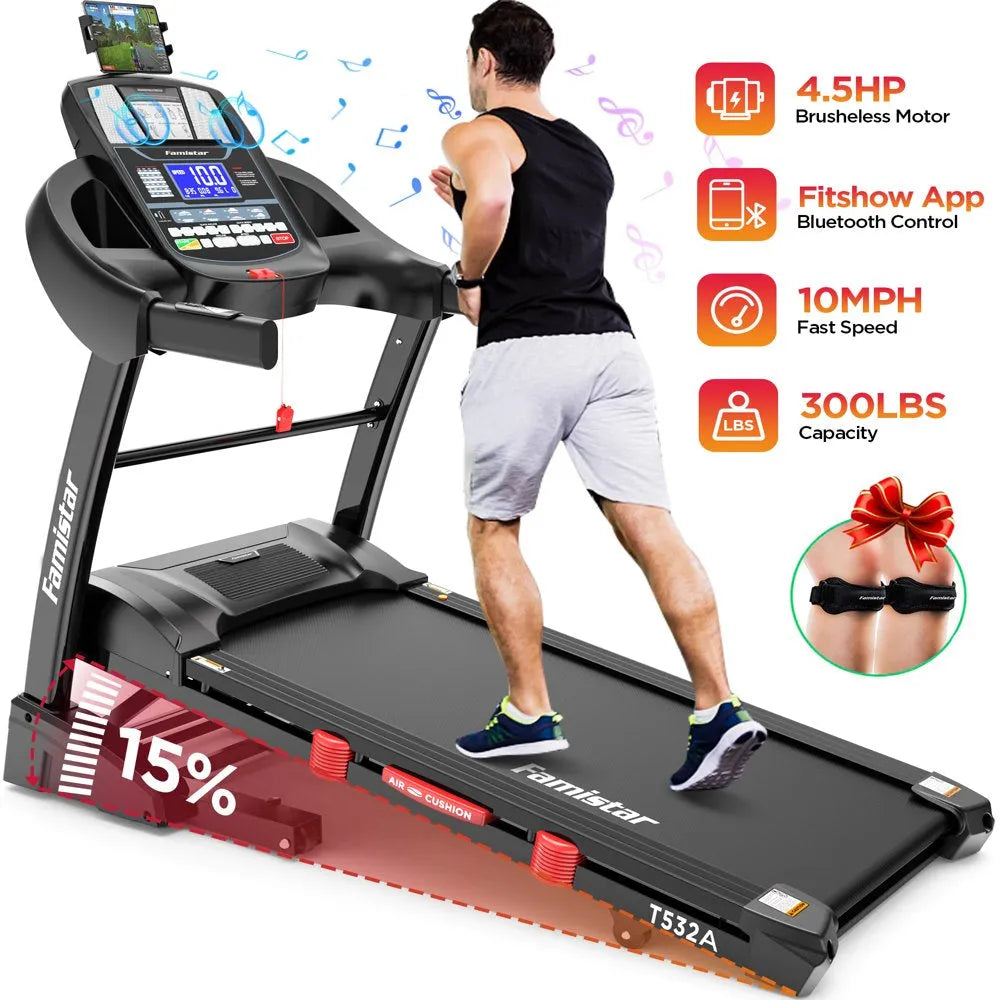 Folding Treadmill for Home with 15-Level Auto Incline, 300-Lb. Capacity and 10 MPH Speed