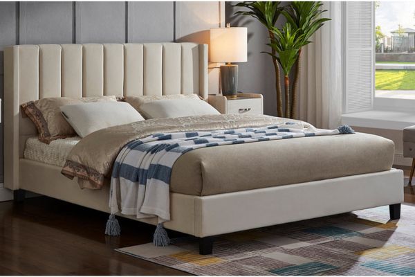 T2190W Off White Velvet Panel Tufted Platform Bed