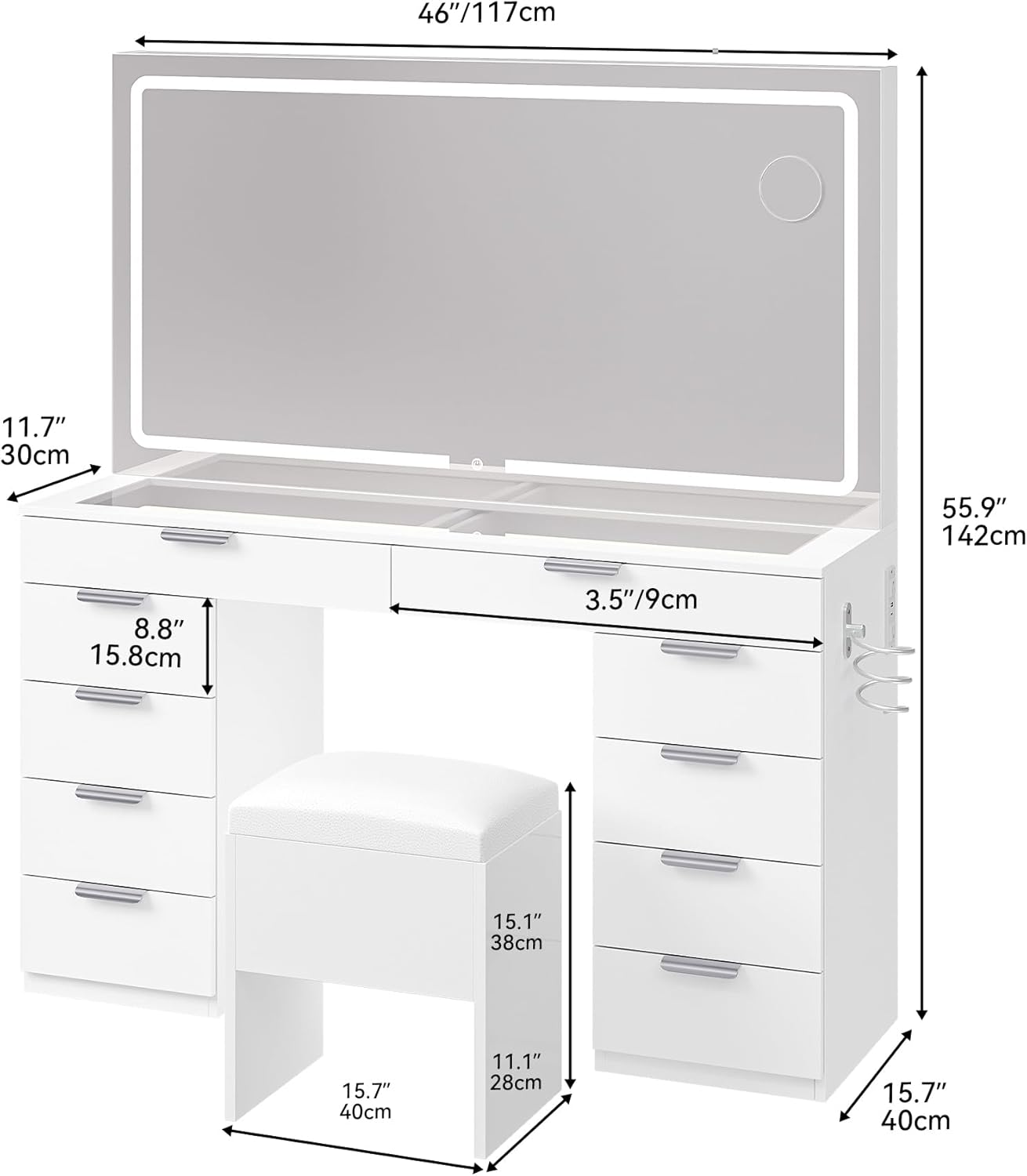 Vanity Set with LED Mirror, 10 Drawers and Stool