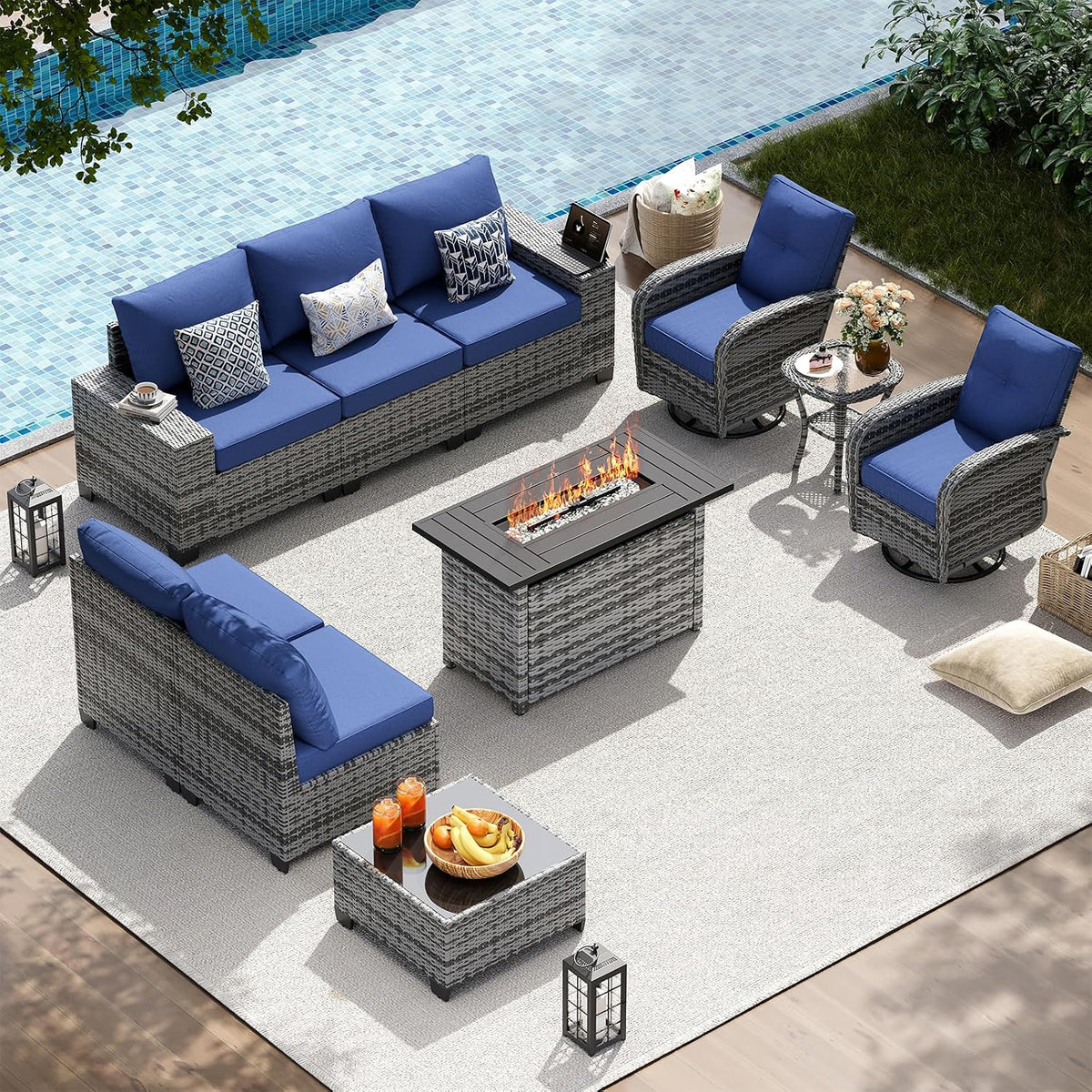 13 PCS Patio Furniture Set with 44'' Fire Pit Table, Outdoor Sectional All Weather Wicker Conversation Set with Swivel Rocker Chairs, 4'' Thick Cushions for Backyard Poolside(Navy/Grey)