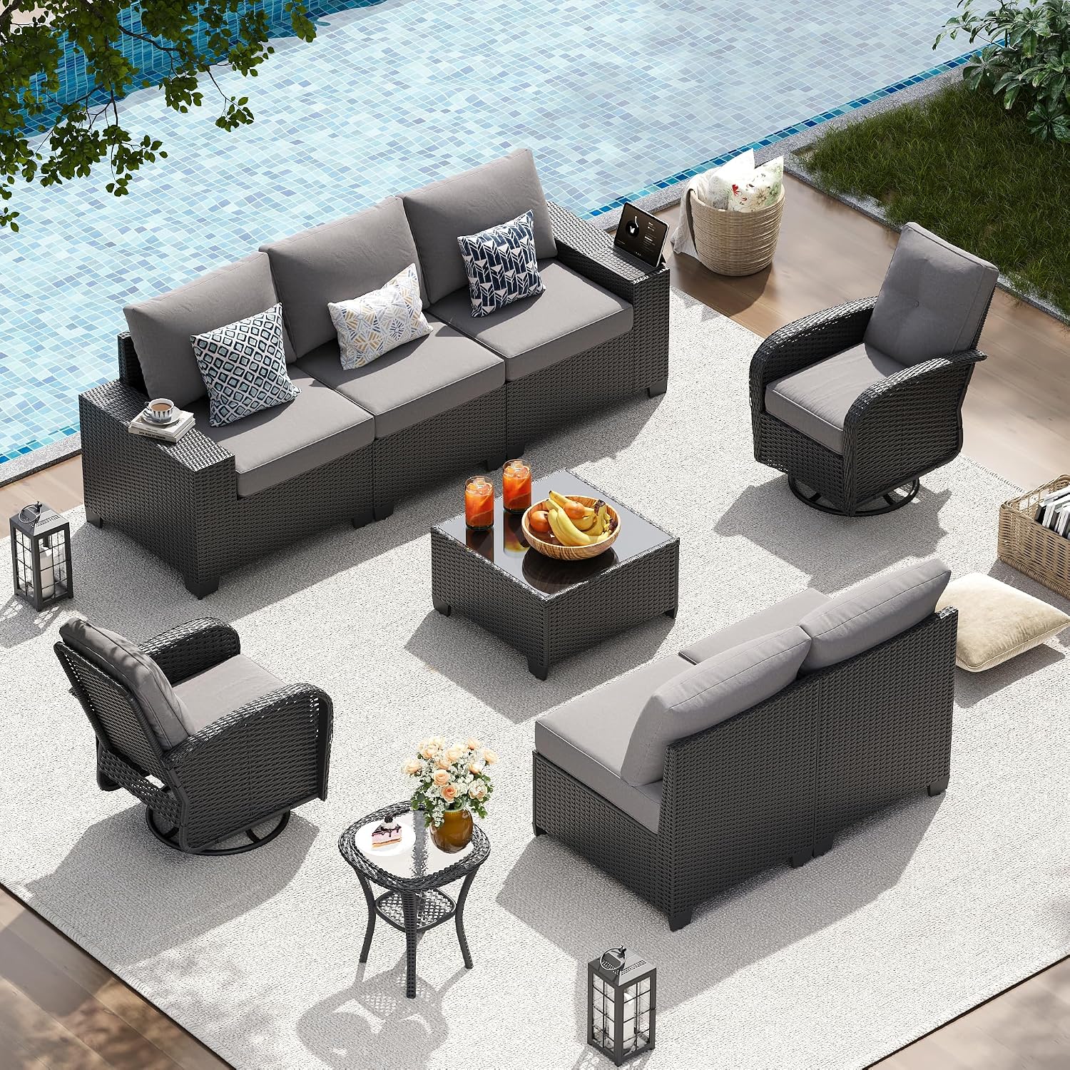 13 PCS Patio Furniture Set with 44'' Fire Pit Table, Outdoor Sectional All Weather Wicker Conversation Set with Swivel Rocker Chairs, 4'' Thick Cushions for Backyard Poolside(Navy/Grey)