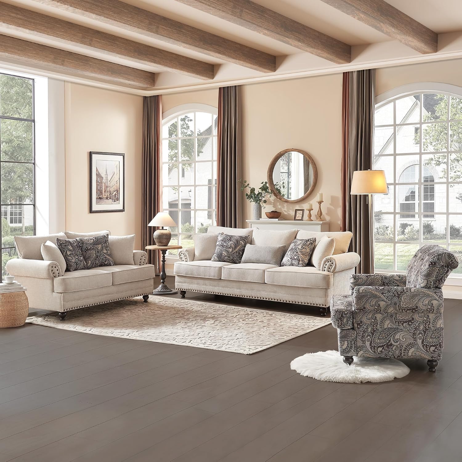 4 Piece Living Room Set, Modern Farmhouse Chenille Sofa and Loveseat with Nailhead Trim, Floral Accent Chair with Footstool, 9 Accent Pillows Included