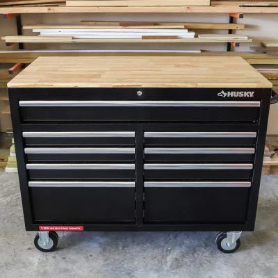 46-Inch W x 24.5-Inch D 9-Drawer Mobile Workbench with Hardwood Top and Power Station, Gloss Black