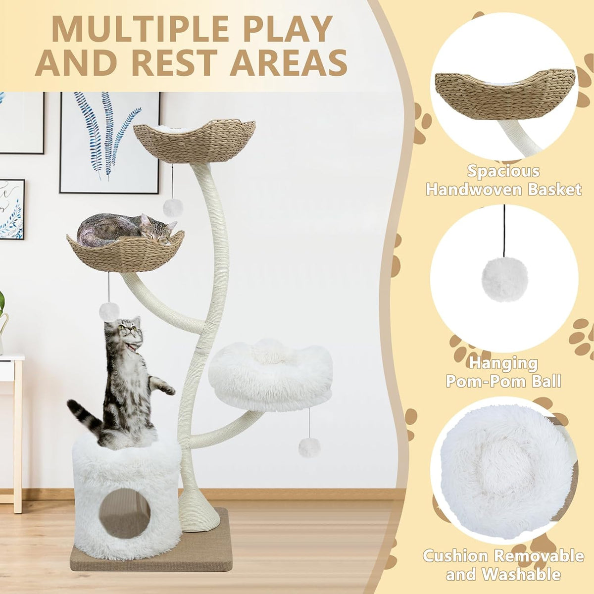 63" Tall Cat Tree Tower for Indoor Cats, Multi-Level Large Cat Climbing Furniture with Scratching Posts, Soft Perch, Cozy Cave, and Hanging Toys, Sturdy Design for Multi-Cat Households