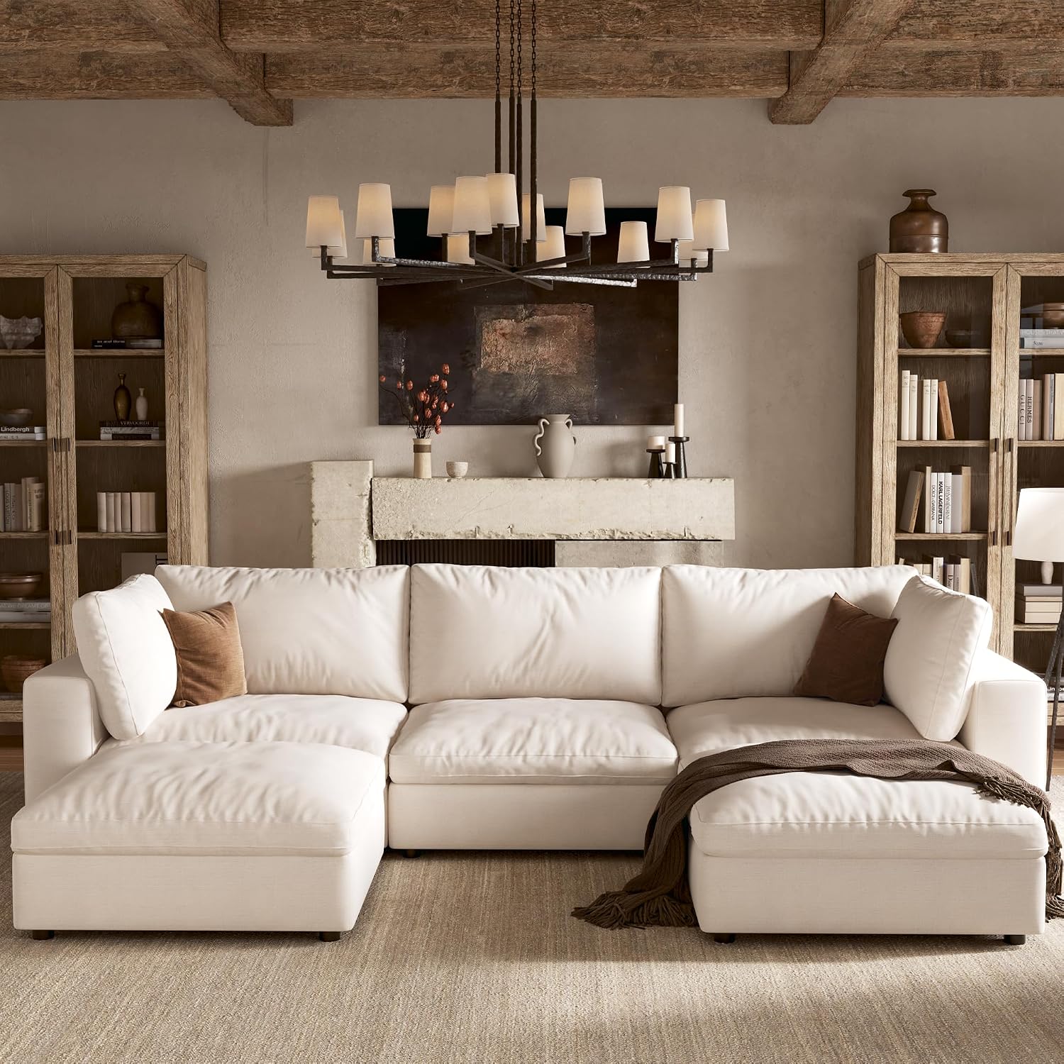 110'' Cloud Sectional Couch with Washable Cover, Deep Seat Modular Sectional Sofa for Living Room, Oversized Sectional Couch with Throw Pillow and Storage Ottoman, 3Seater L Shaped, Off White