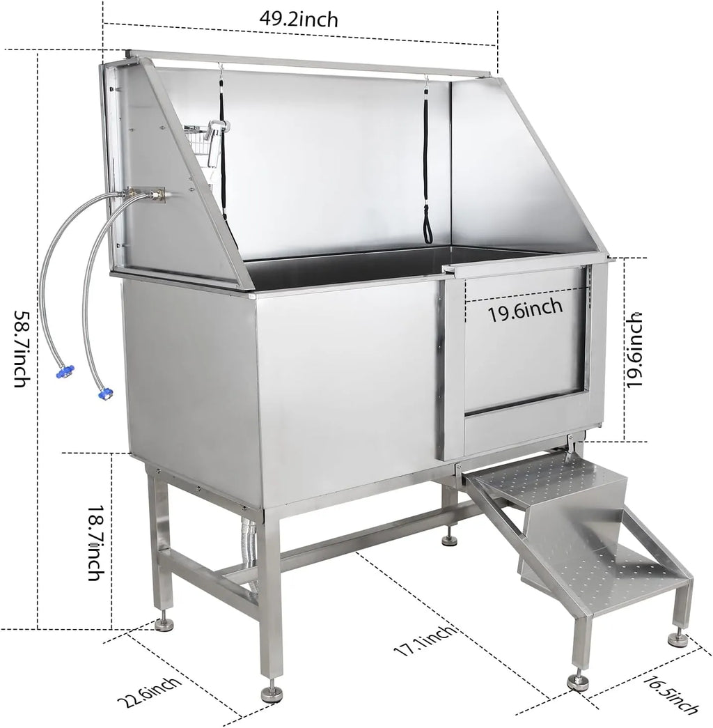 50-Inch Stainless Steel Dog Wash Bathtub with Ramp, Faucet, Sprayer, Drain Kit and Right Door