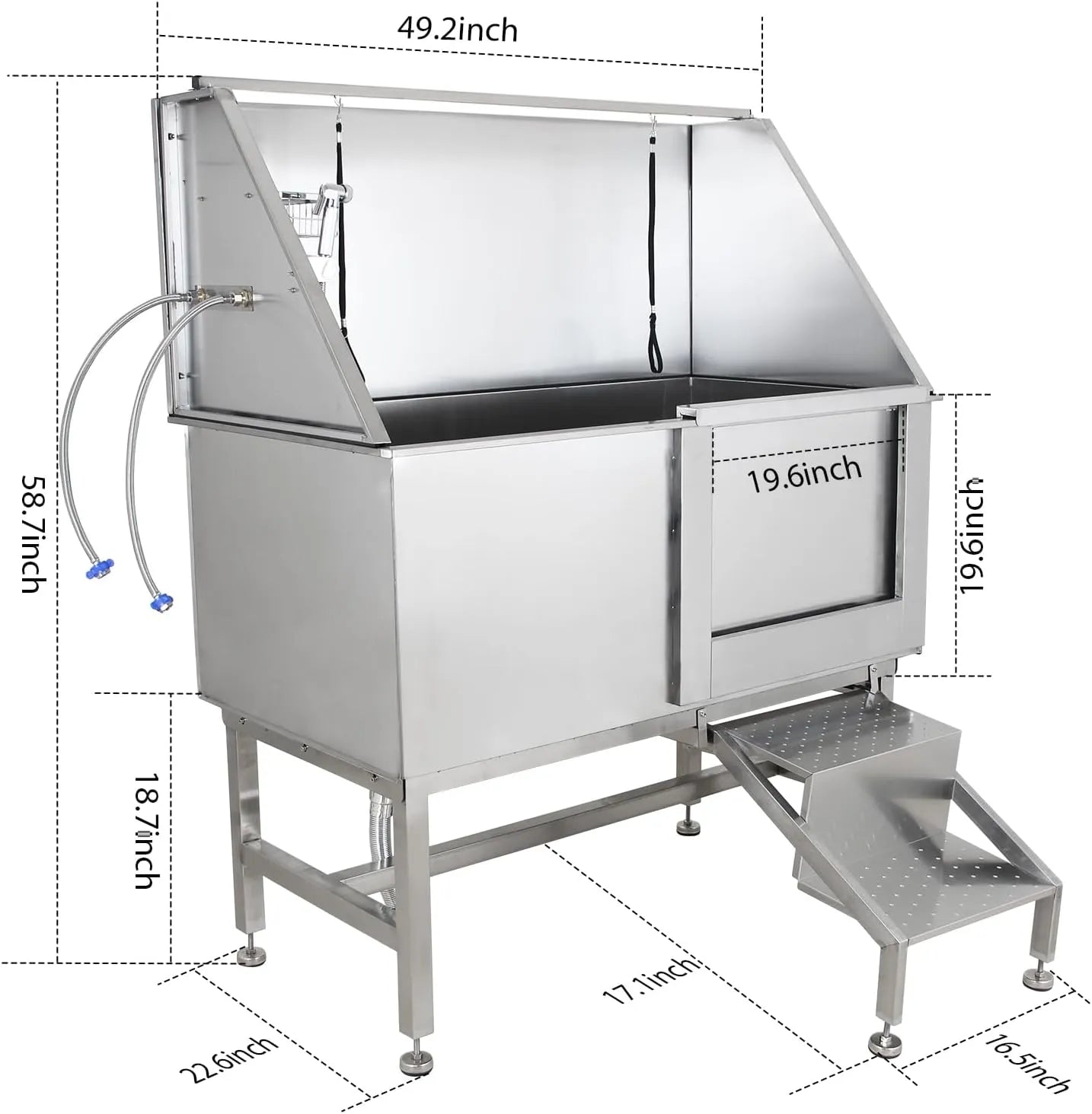 50-Inch Stainless Steel Dog Wash Bathtub with Ramp, Faucet, Sprayer, Drain Kit and Right Door