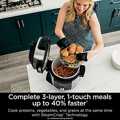 14-in-1 8-Qt. Pressure Cooker and Steam Fryer with Thermometer, Auto Steam Release, 3-Layer Capacity and 5-Qt. Crisp Basket, Silver/Black