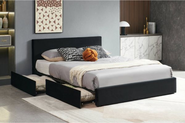 T2128B Black Velvet Storage Platform Bed with Four Side Drawers