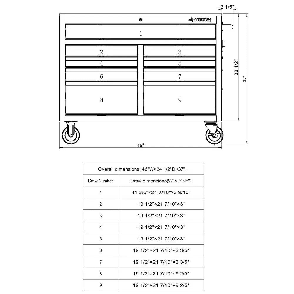 46-Inch W x 24.5-Inch D 9-Drawer Mobile Workbench with Hardwood Top and Power Station, Gloss Black
