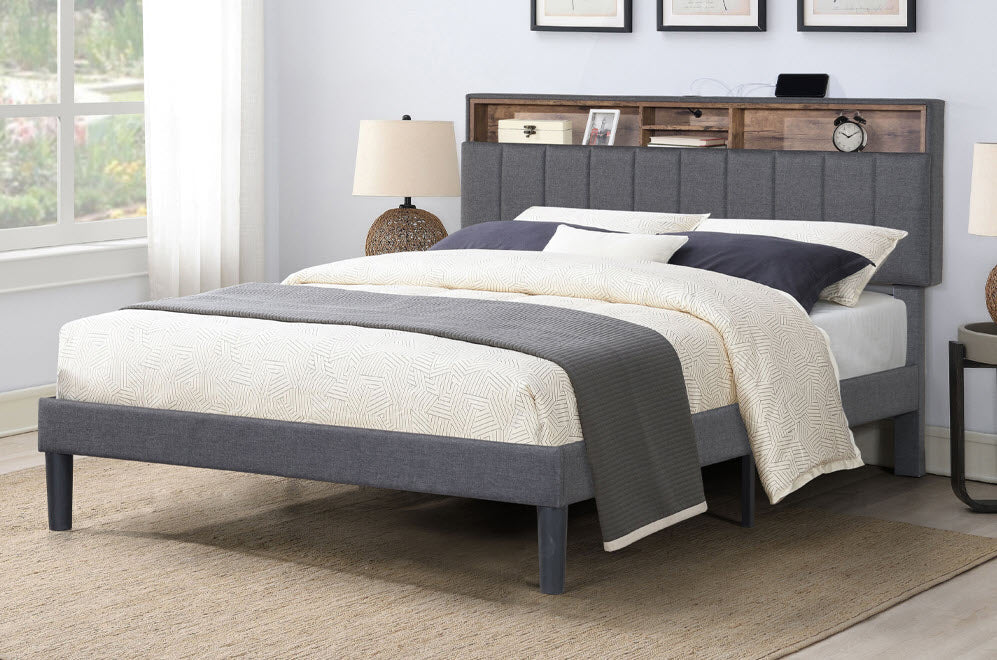 T2178 Grey Linen Bookcase Platform Bed with USB Charging Port