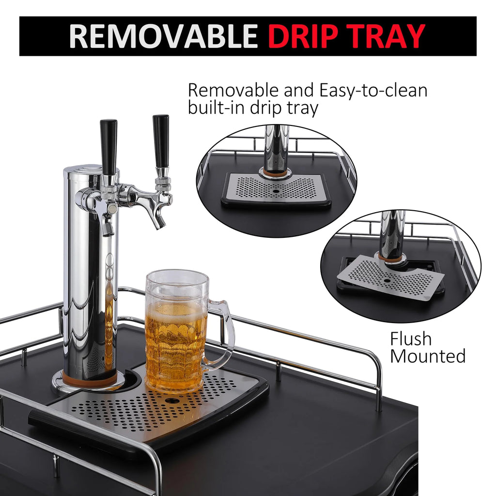 Beer Kegerator, Dual Tap Draft Beer Dispenser, Full Size Stainless Steel Keg Refrigerator With Drip Tray, CO2 Cylinder, 32掳F- 50掳F Temperature Control, 170L