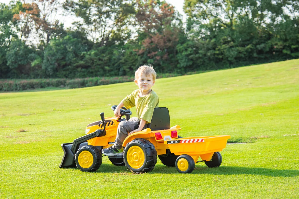 2026 12V Excavator Tractor Trailer Kids Ride On One Seater Electric Truck with RC and Wagon