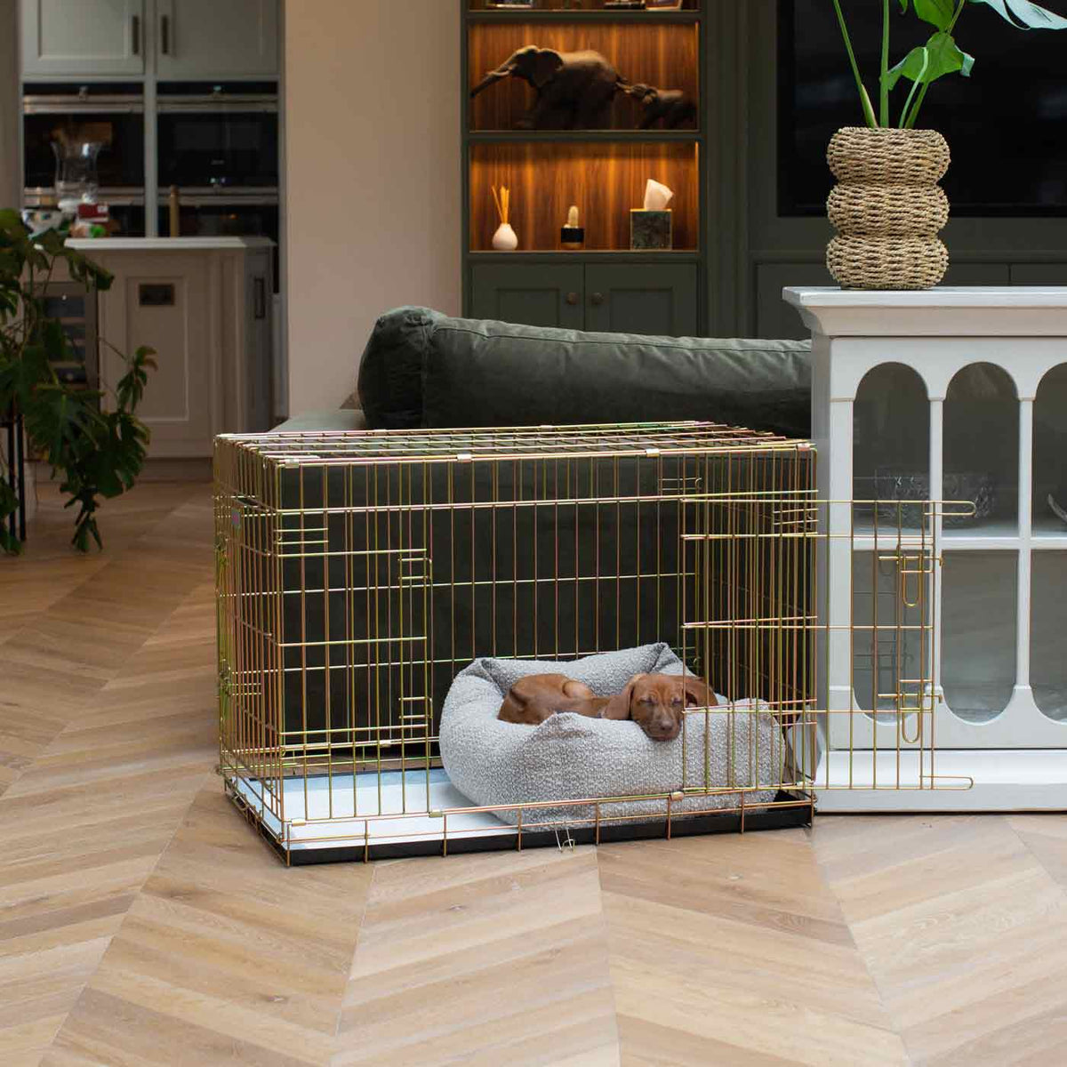 Cozy & Calming Puppy Cage Bed In Mink Bouclé