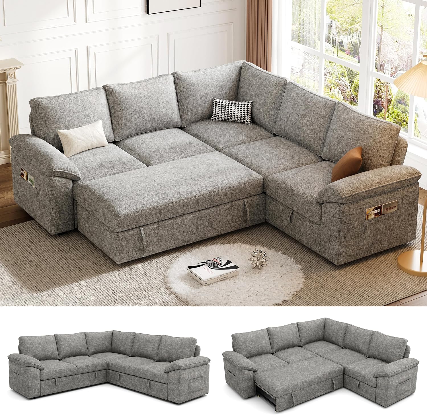 106'' Modular Sectional Sofa with Pull Out Bed, Sleeper Sofa, Dark Gray