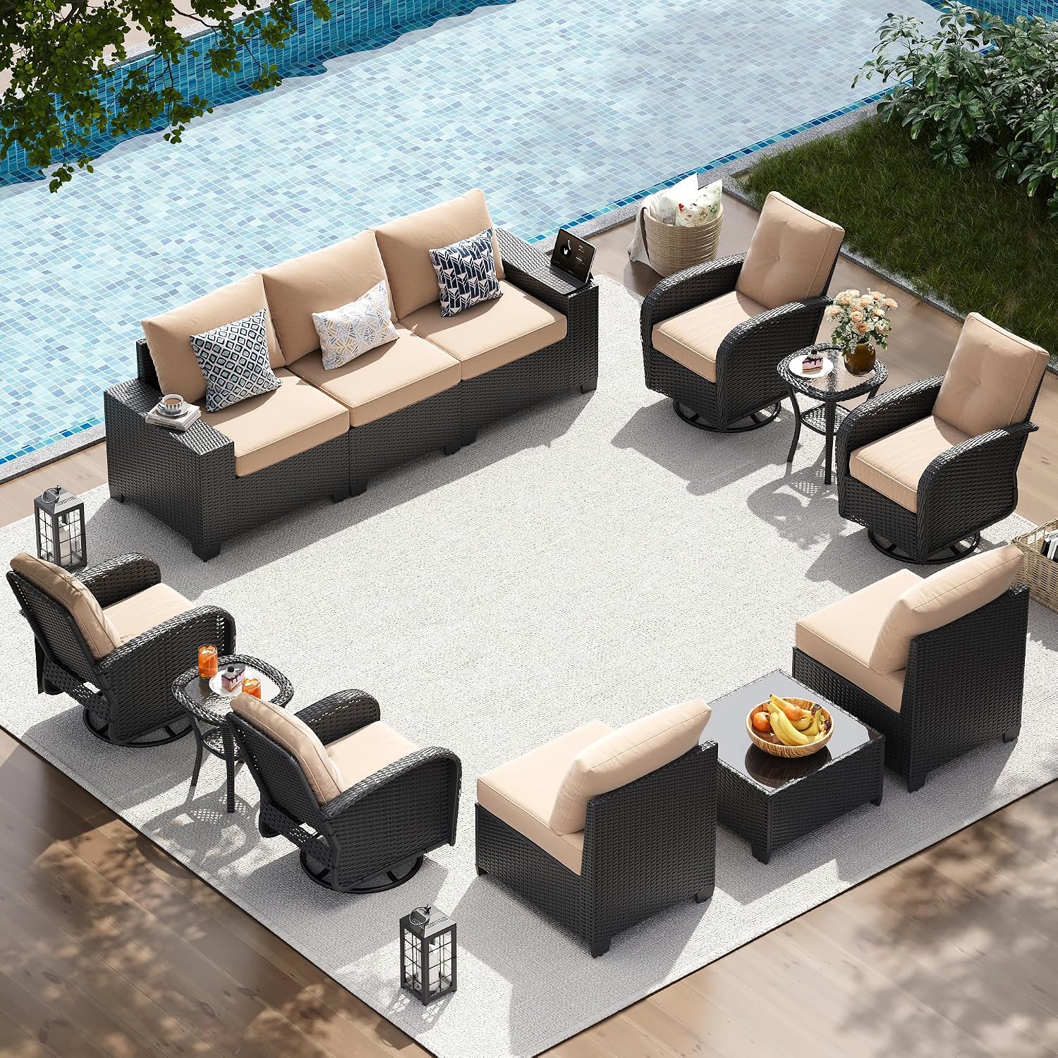 13 PCS Patio Furniture Set with 44'' Fire Pit Table, Outdoor Sectional All Weather Wicker Conversation Set with Swivel Rocker Chairs, 4'' Thick Cushions for Backyard Poolside(Navy/Grey)