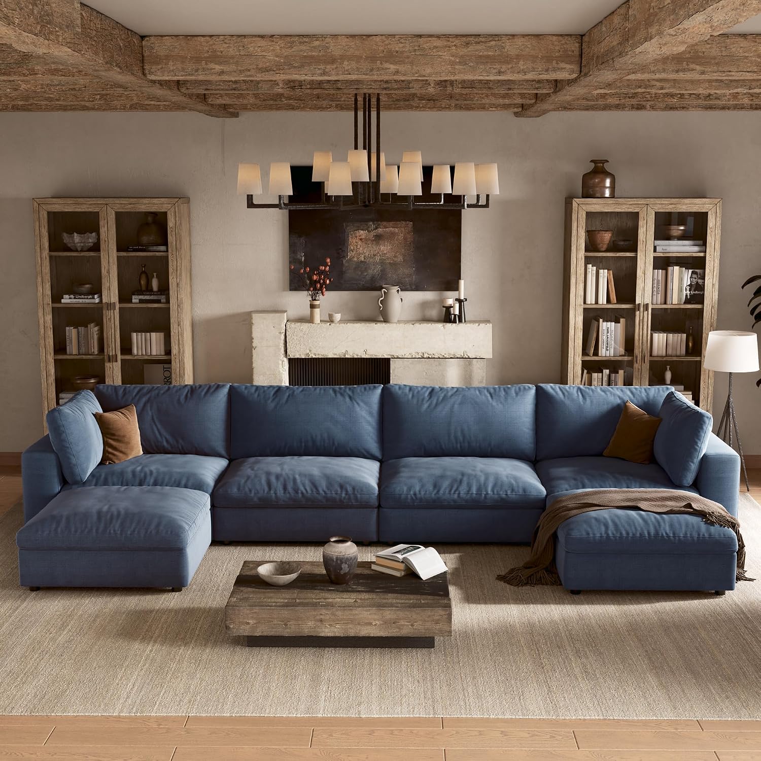 110'' Cloud Sectional Couch with Washable Cover, Deep Seat Modular Sectional Sofa for Living Room, Oversized Sectional Couch with Throw Pillow and Storage Ottoman, 3Seater L Shaped, Off White