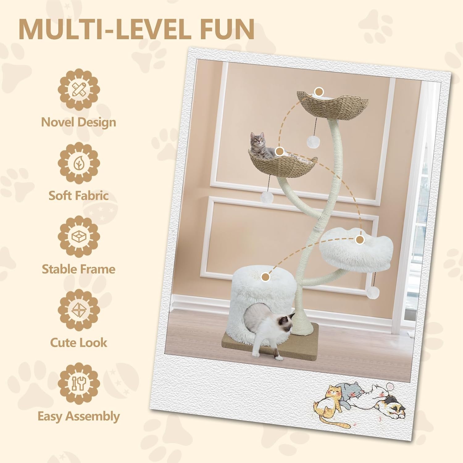 63" Tall Cat Tree Tower for Indoor Cats, Multi-Level Large Cat Climbing Furniture with Scratching Posts, Soft Perch, Cozy Cave, and Hanging Toys, Sturdy Design for Multi-Cat Households