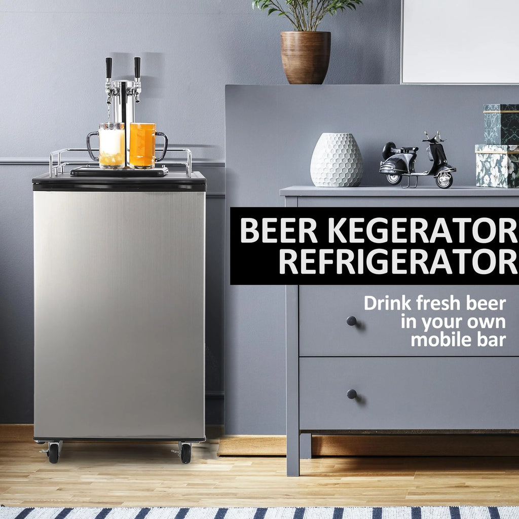 Beer Kegerator, Dual Tap Draft Beer Dispenser, Full Size Stainless Steel Keg Refrigerator With Drip Tray, CO2 Cylinder, 32掳F- 50掳F Temperature Control, 170L