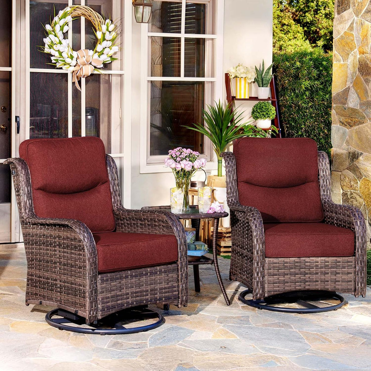 7 Piece Luxury Patio Furniture Set with 6" Thick Cushions, Weather Resistant Wicker High Back Swivel Rocker Chairs, Senior Friendly Outdoor Sofa Set for Large Deck, Yard and Poolside, Blue(V2)