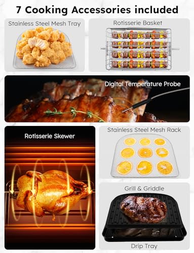15.5-Qt Extra-Large Air Fryer Oven with Rotisserie Basket, Skewer Kit, Reversible Grill/Griddle Plate and Smart Thermometer, 1800W, Black