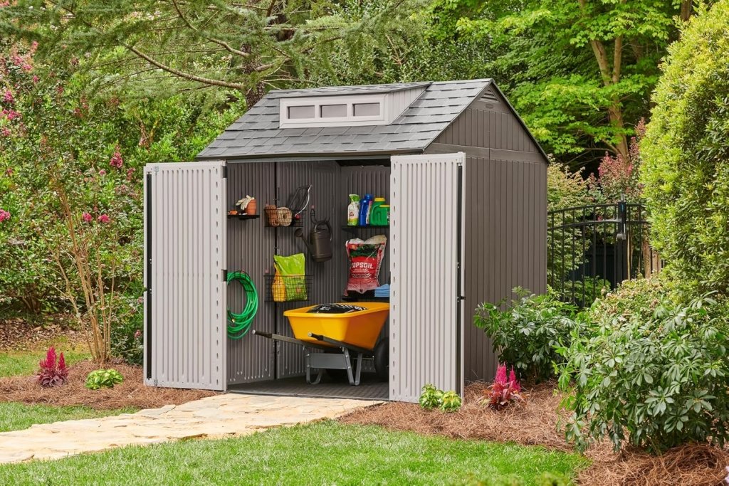 7 x 7 Ft Resin Outdoor Storage Shed with Floor, Weather Resistant, Gray