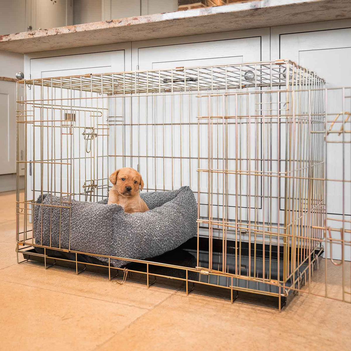 Cozy & Calming Puppy Cage Bed In Granite Bouclé