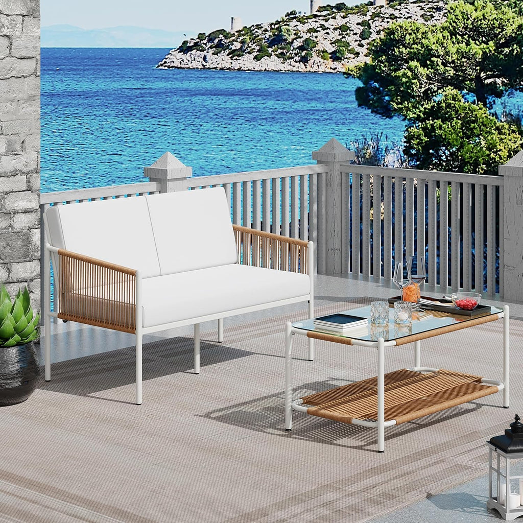 7 Pieces Patio Furniture Sets Outdoor All Weather Sectional Patio Sofa Set PE Rattan Manual Weaving Wicker Patio Conversation Set with Glass Table&Ottoman Cushion and Red Pillows, Beige