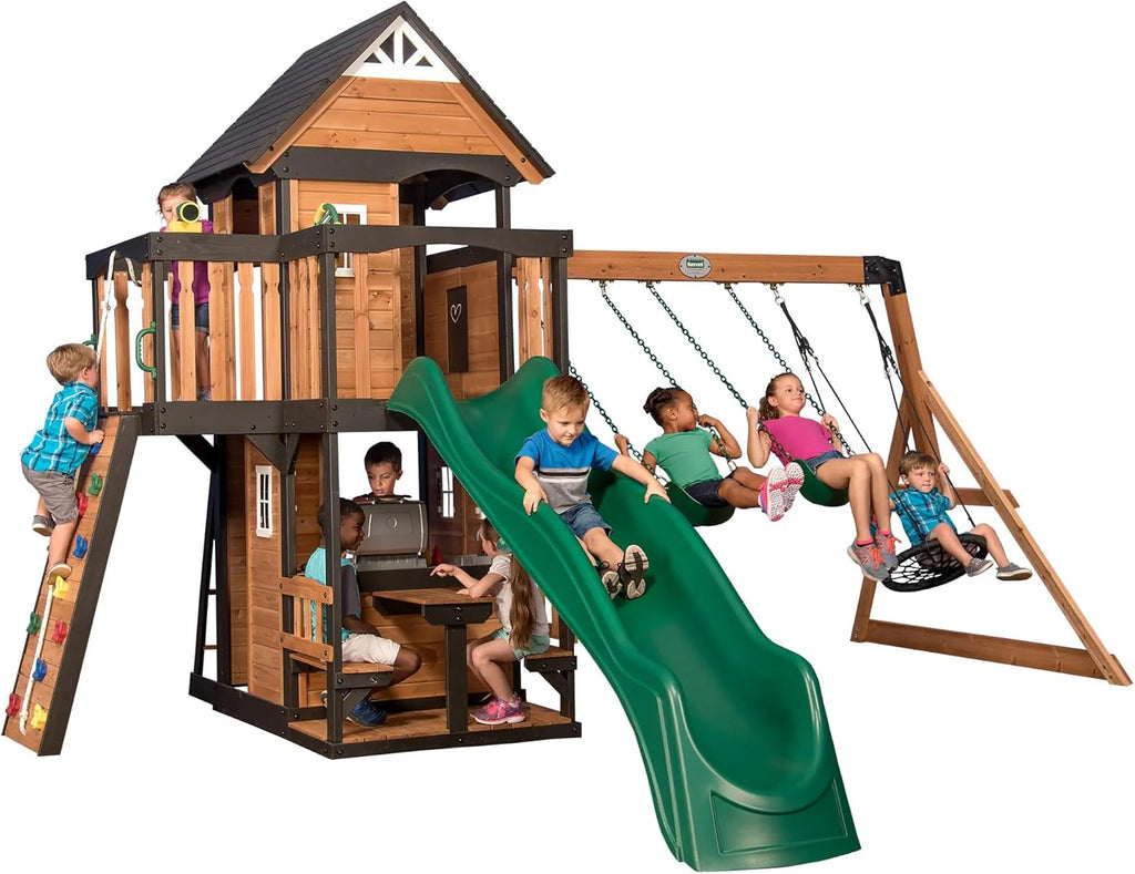 Cedar Wood Backyard Swing Set with Wave Slide, Clubhouse, Play Kitchen, Picnic Area, Rock Wall and Swings