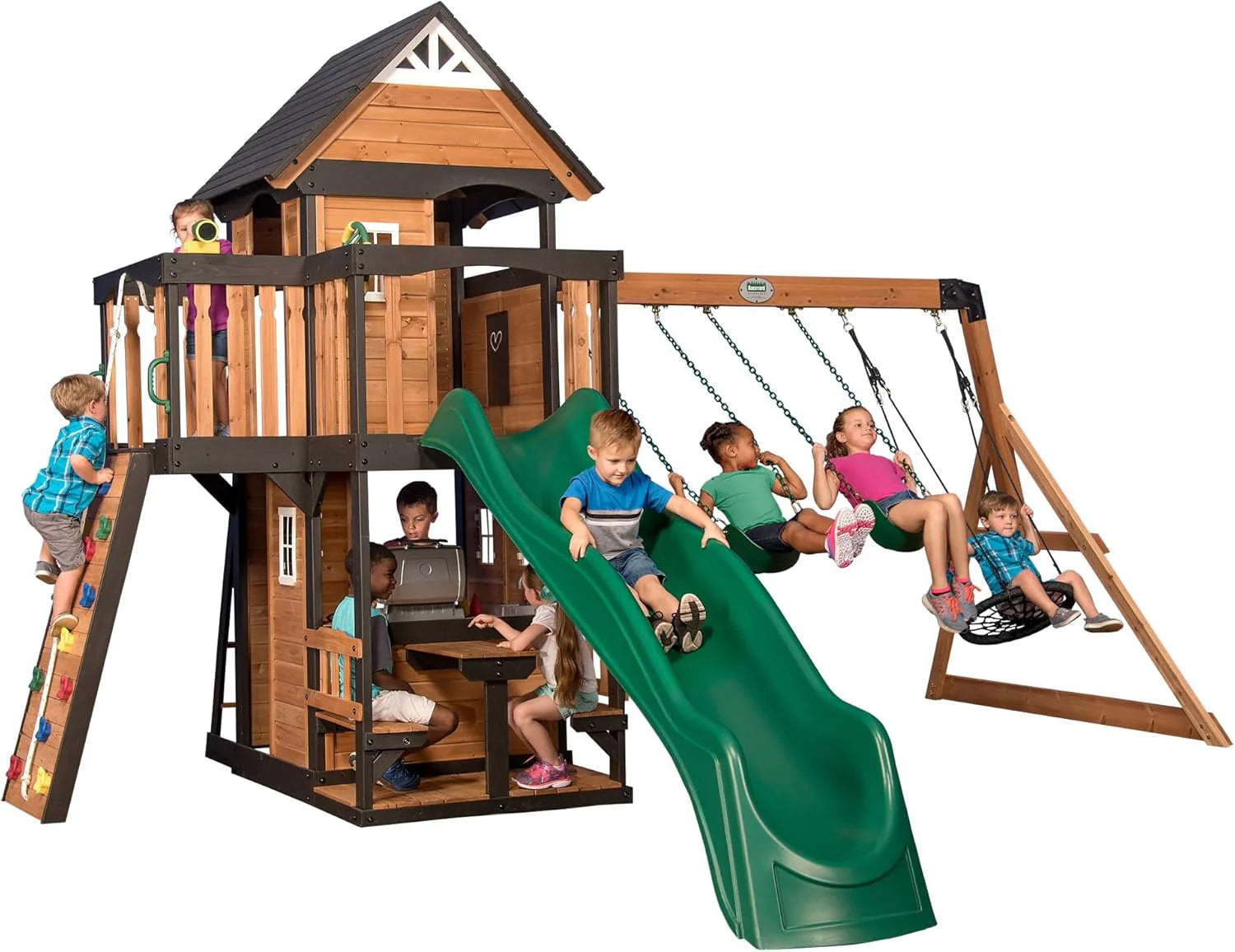 Cedar Wood Backyard Swing Set with Wave Slide, Clubhouse, Play Kitchen, Picnic Area, Rock Wall and Swings