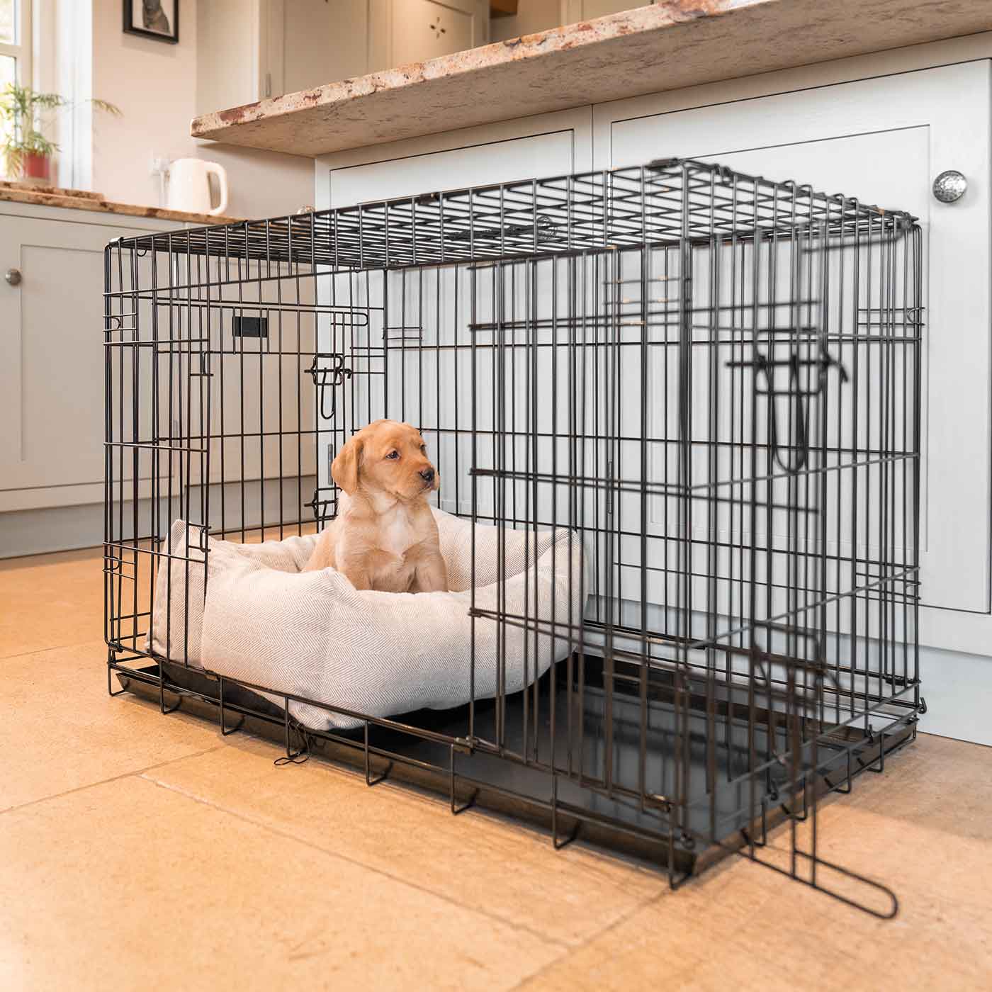 Cozy & Calming Puppy Cage Bed in Herringbone Tweed