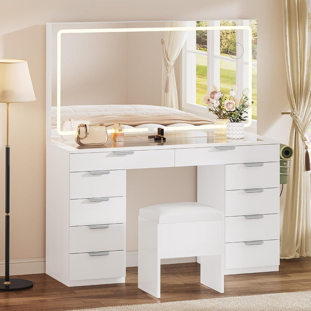 Vanity Set with LED Mirror, 10 Drawers and Stool