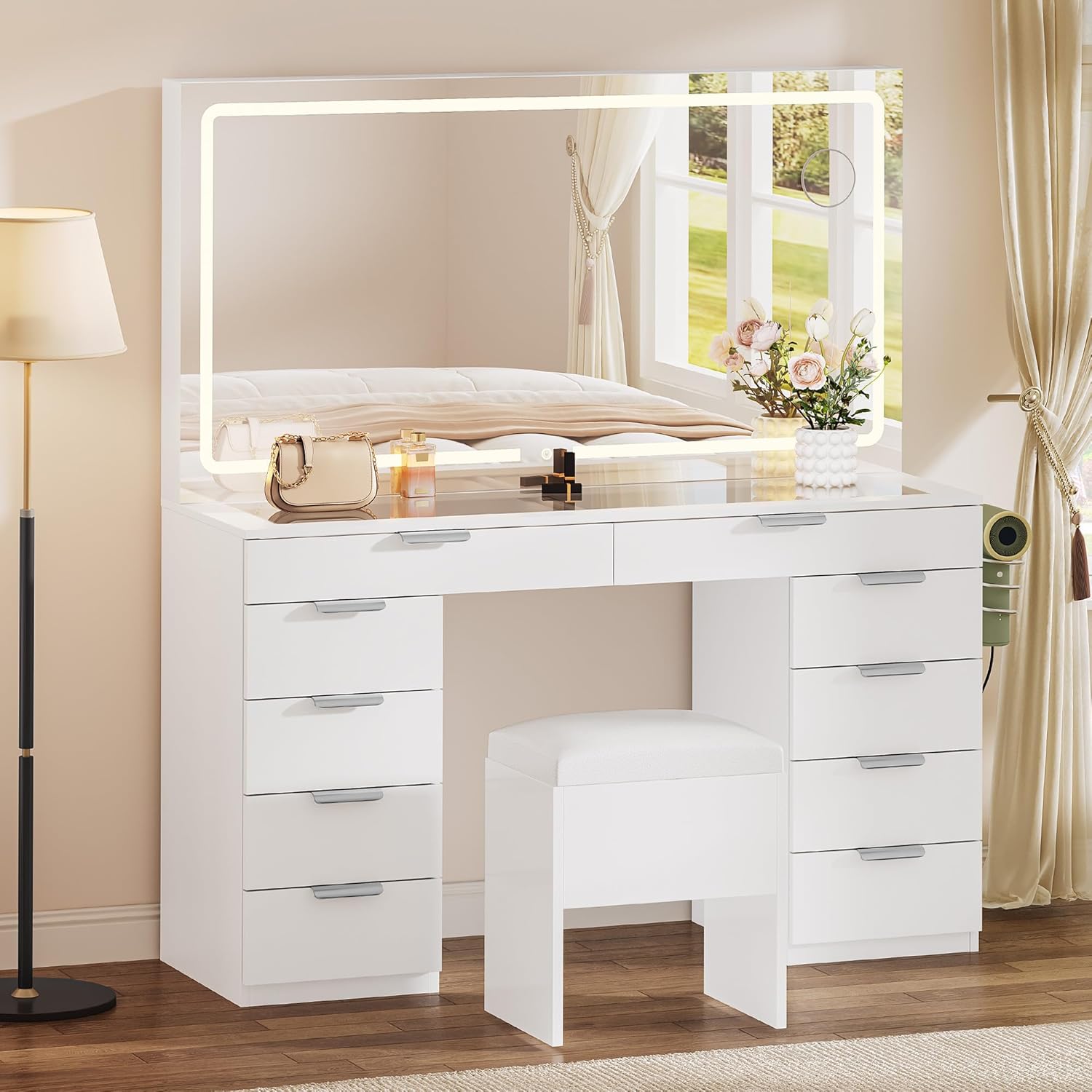 Vanity Set with LED Mirror, 10 Drawers and Stool
