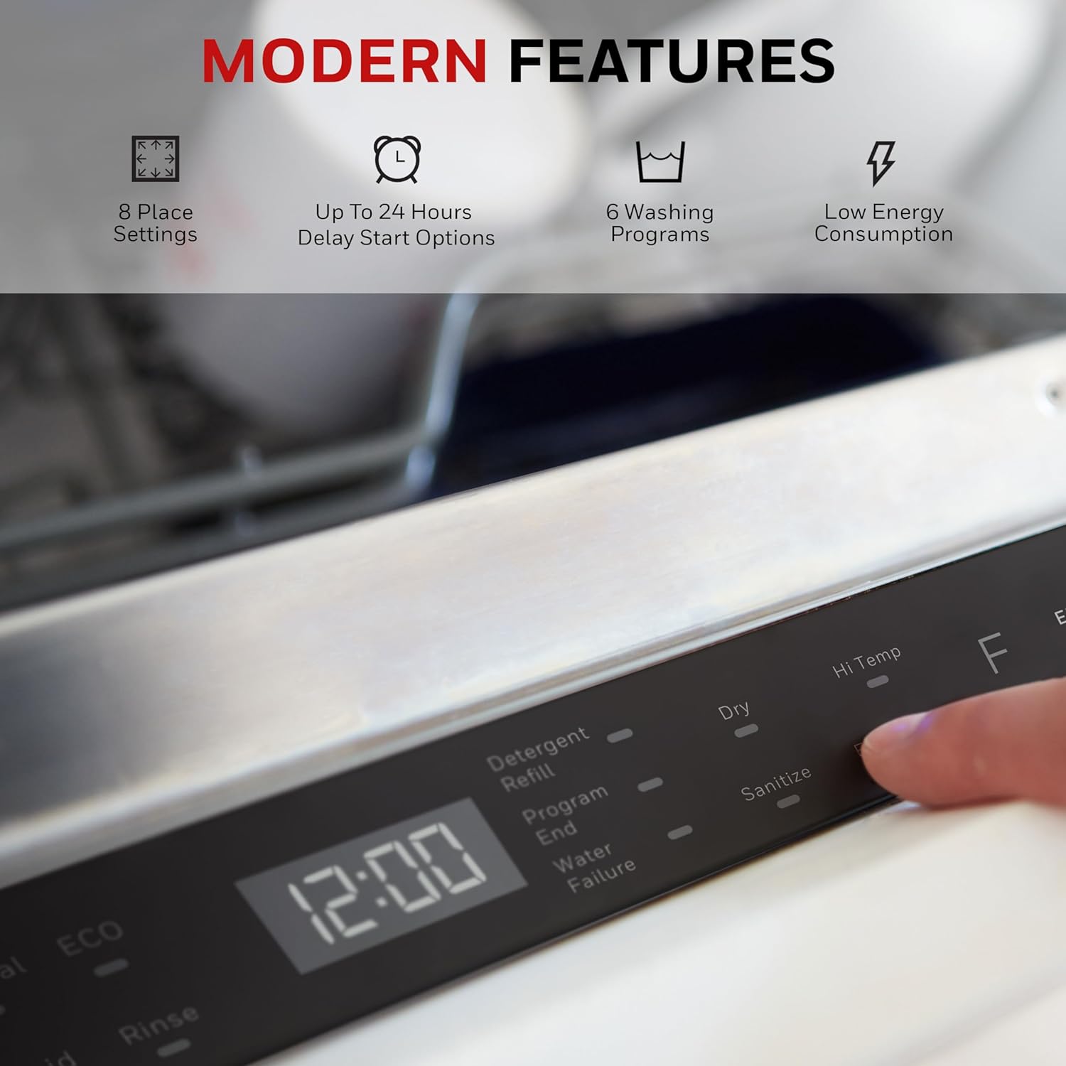 18-Inch Dishwasher with 8 Place Settings, 6 Wash Programs and Stainless Steel Tub