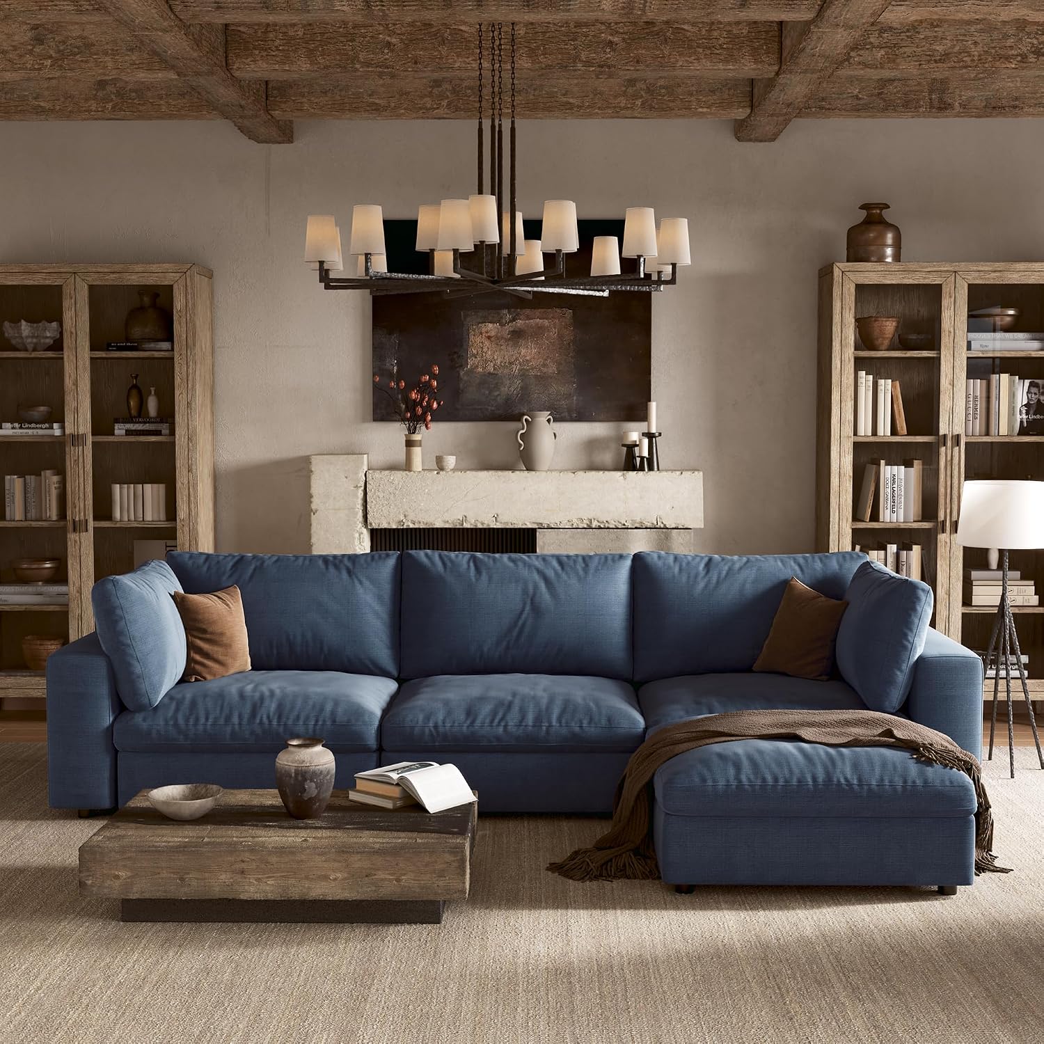 110'' Cloud Sectional Couch with Washable Cover, Deep Seat Modular Sectional Sofa for Living Room, Oversized Sectional Couch with Throw Pillow and Storage Ottoman, 3Seater L Shaped, Off White
