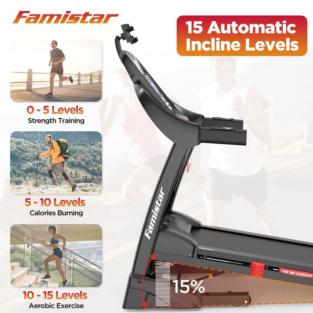 Folding Treadmill for Home with 15-Level Auto Incline, 300-Lb. Capacity and 10 MPH Speed