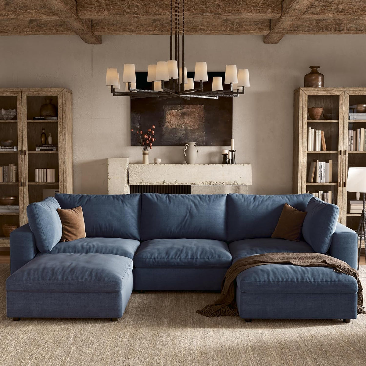 110'' Cloud Sectional Couch with Washable Cover, Deep Seat Modular Sectional Sofa for Living Room, Oversized Sectional Couch with Throw Pillow and Storage Ottoman, 3Seater L Shaped, Off White