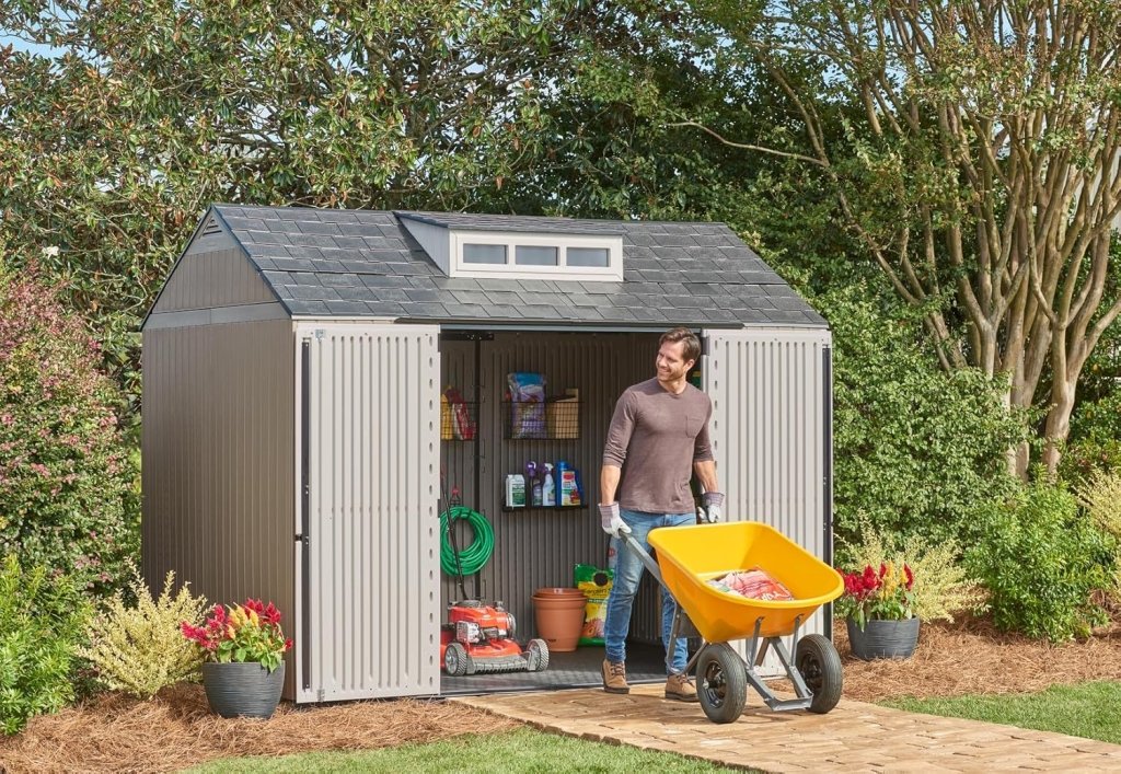 7 x 7 Ft Resin Outdoor Storage Shed with Floor, Weather Resistant, Gray