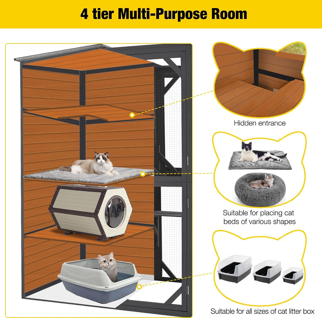 Large Outdoor Cat Enclosure, 4-Tier Catio with Weatherproof Roof, 70 H x 77 L in, Spacious Cat Playpen